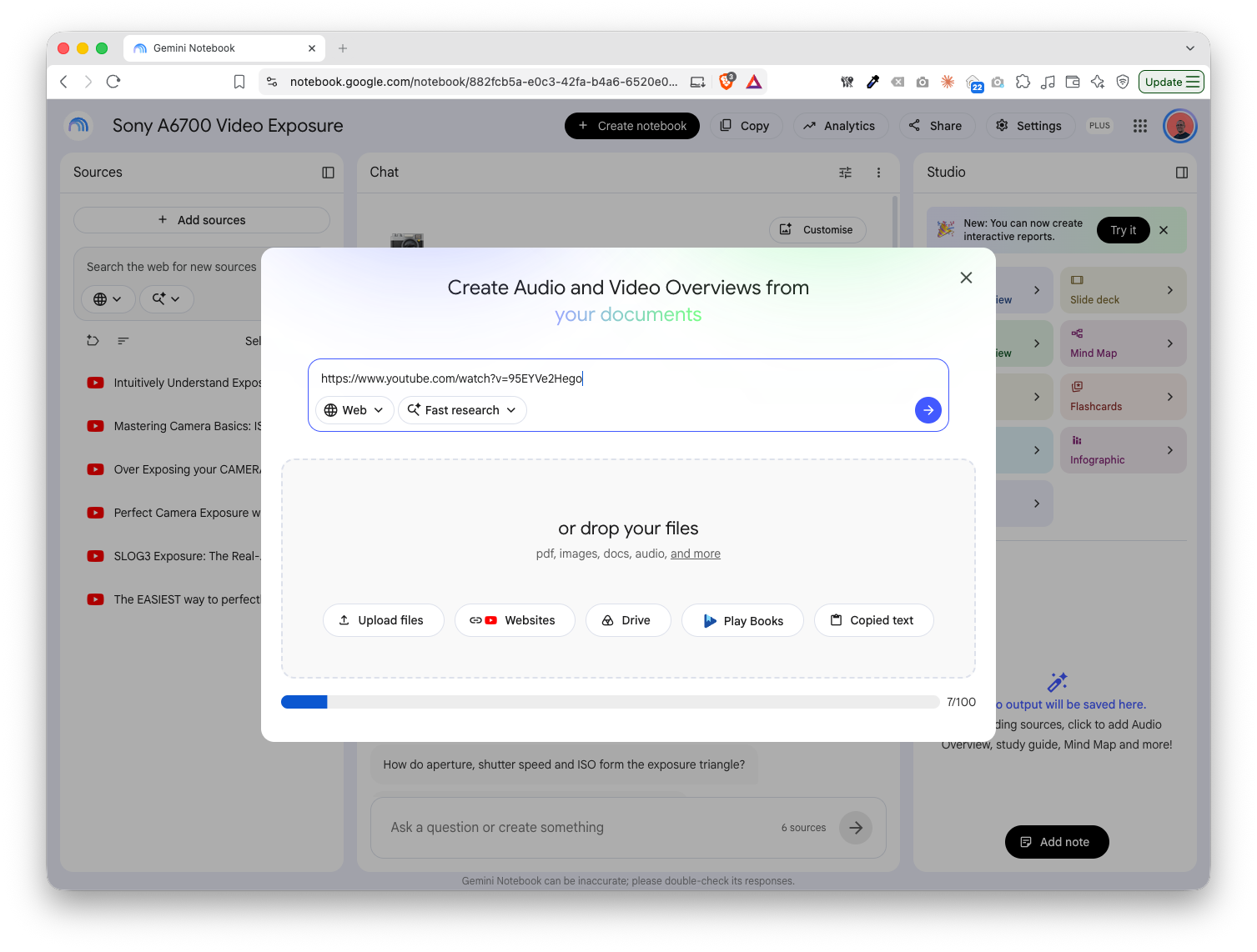 Pasting a YouTube URL into the add sources panel in Gemini Notebook